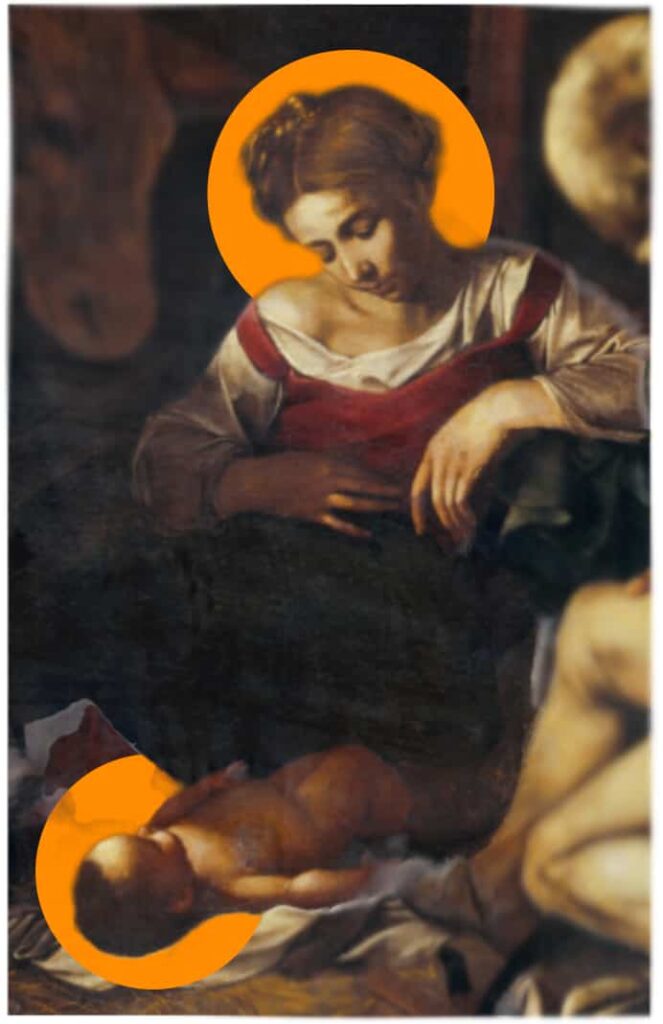 Mary and Jesus in Caravaggio’s Nativity with Saints Lorenzo and Francesco