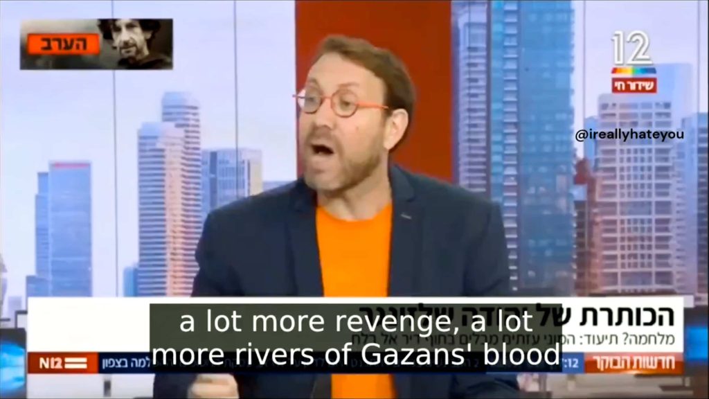 Israeli journalist, Yehuda Schlesinger, calling for “a lot more revenge, a lot more rivers of Gazans blood”. Instances of hate speech and dehumanisation of Palestinians is common on Israeli media. Photo: Screenshot of the interview. 