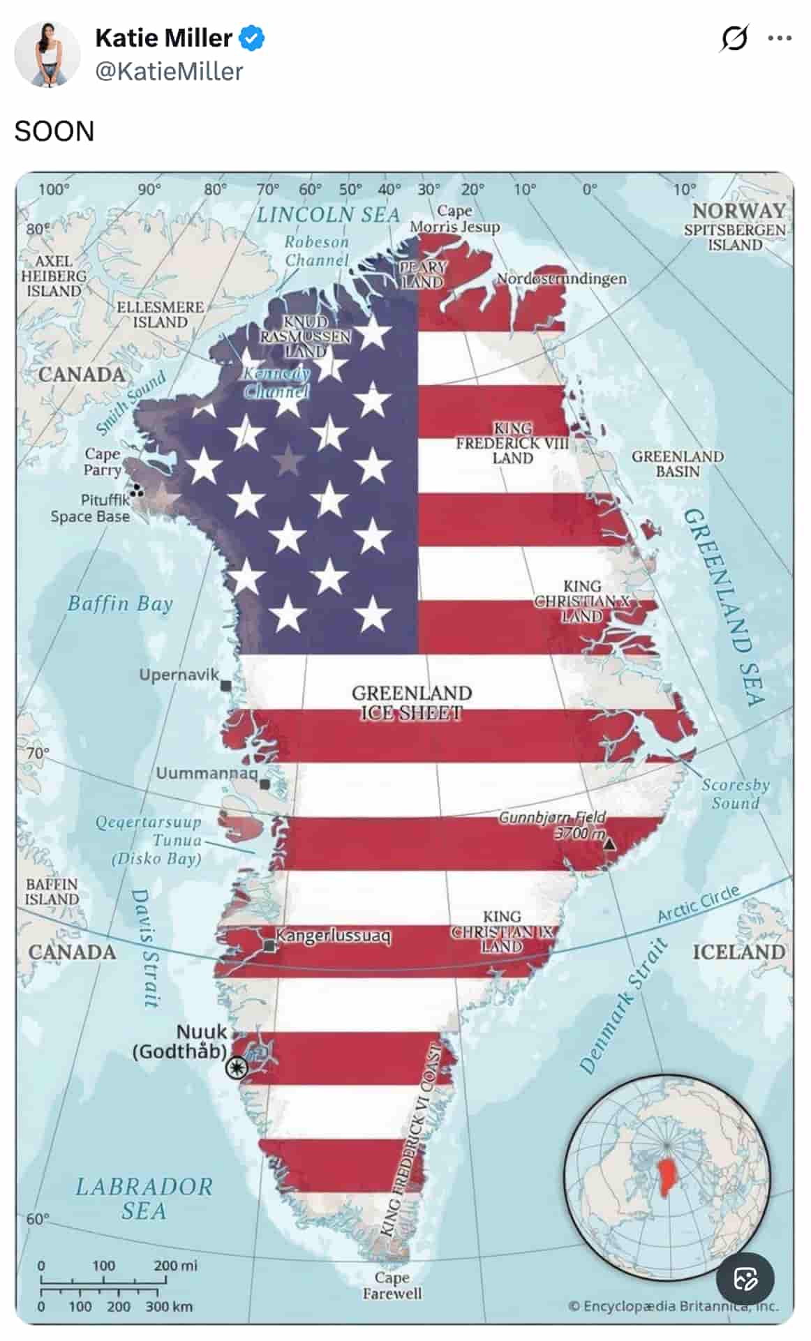 Kaite Miller's X which covers the map of Greenland with an American flag.