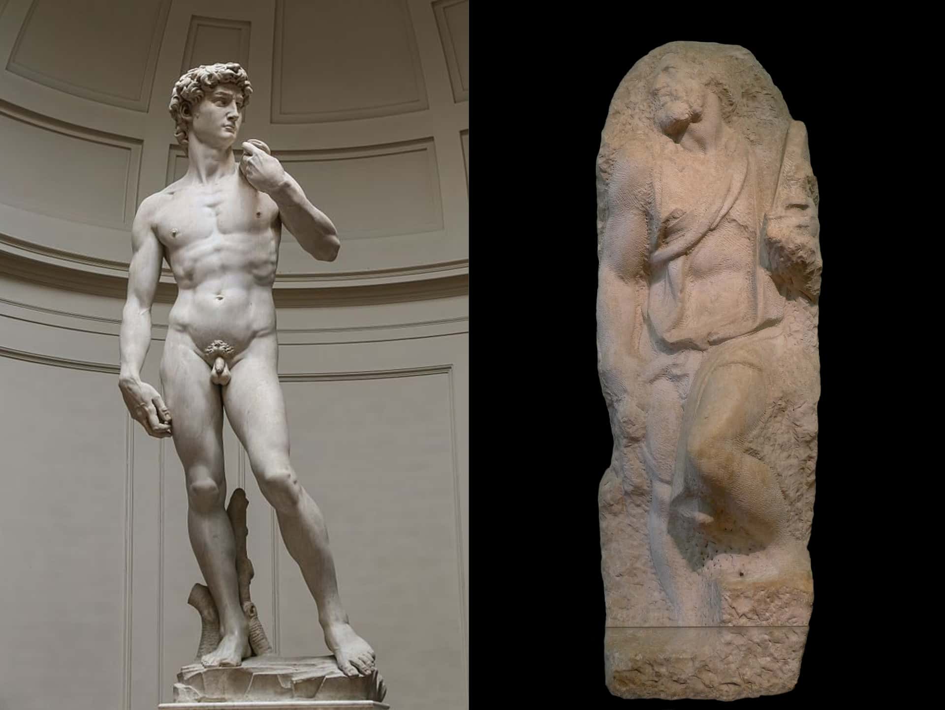 Saint Matthew, left unfinished when Michelangelo was called to Rome, contrasts with the polished perfection of David: beauty here lies in rough, incomplete form, as the apostle seems to wrench himself from the marble, embodying sculpture as an art of subtraction.