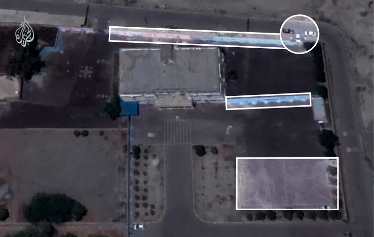 A 2018 satellite image confirming the site’s civilian use, showing a children’s sports field and civilian cars lined up in front of the school’s external gate. Photo: Google Earth/Al Jazeera