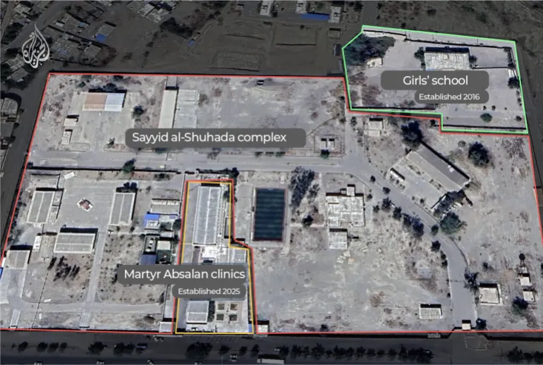 The adjacent Martyr Absalan Specialised Clinic (lower centre, in yellow), which opened in early 2025 and was separated by an independent civilian entrance, and which sustained no damage during the latest bombardment. Photo: Aljazeera/Google Earth