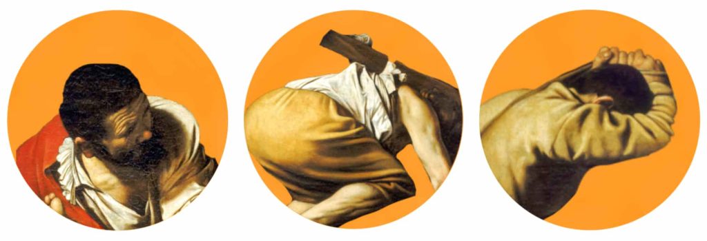 Under Caravaggio's selective lighting, the obscured faces of the common men are revealed - resigned to orders, hardened by life's harsh realities, and numbed to pain, they play their role in the unfolding narrative of St. Peter's crucifixion.