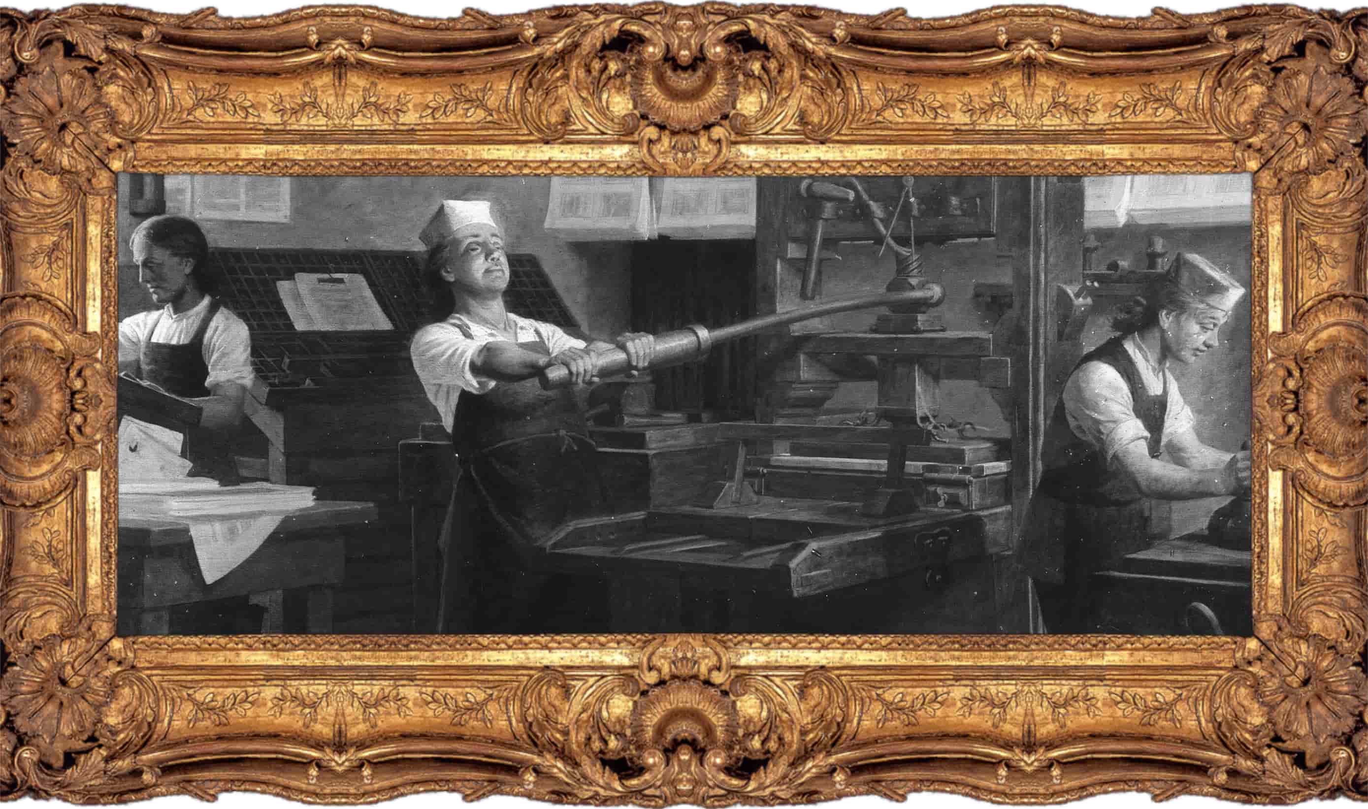 Franklin (center) at work on a printing press in a painting published by the Detroit Publishing Company in c. 1914 © Public domain