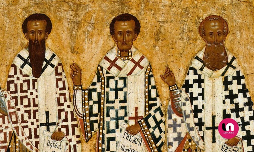 John Chrysostom with Basil of Caesarea and Gregory of Nazianzus on a late 15th century icon of the Three Holy Hierarchs from the Cathedral of St Sophia2C Novgorod