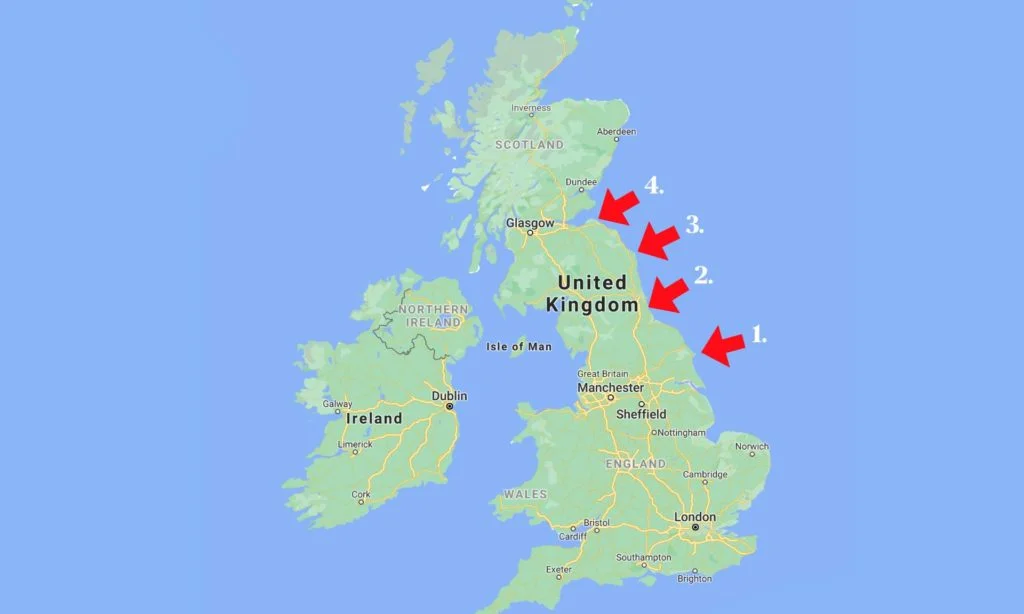 Dinosaurs, The UN, May day celebration, an independent Scotland & ice cream! 6 Could you approximately estimate where the border between England and Scotland is located in this map