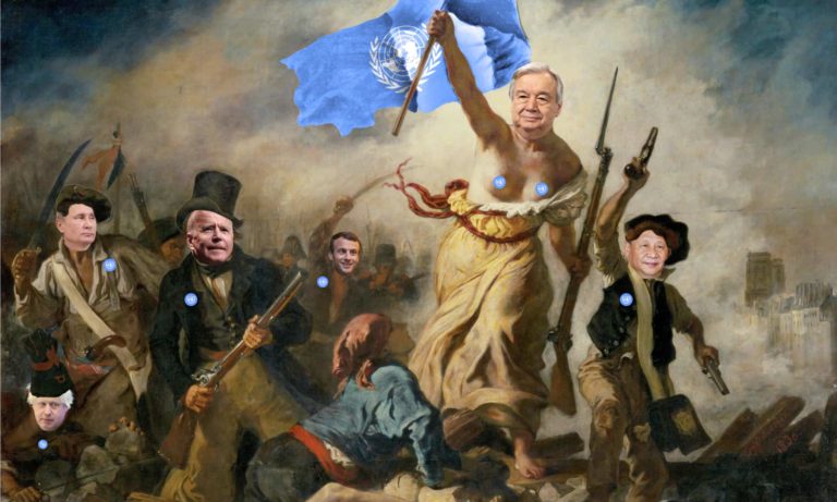 This is a photo of Guterres photoshopped on the painting Liberty Leading the People.