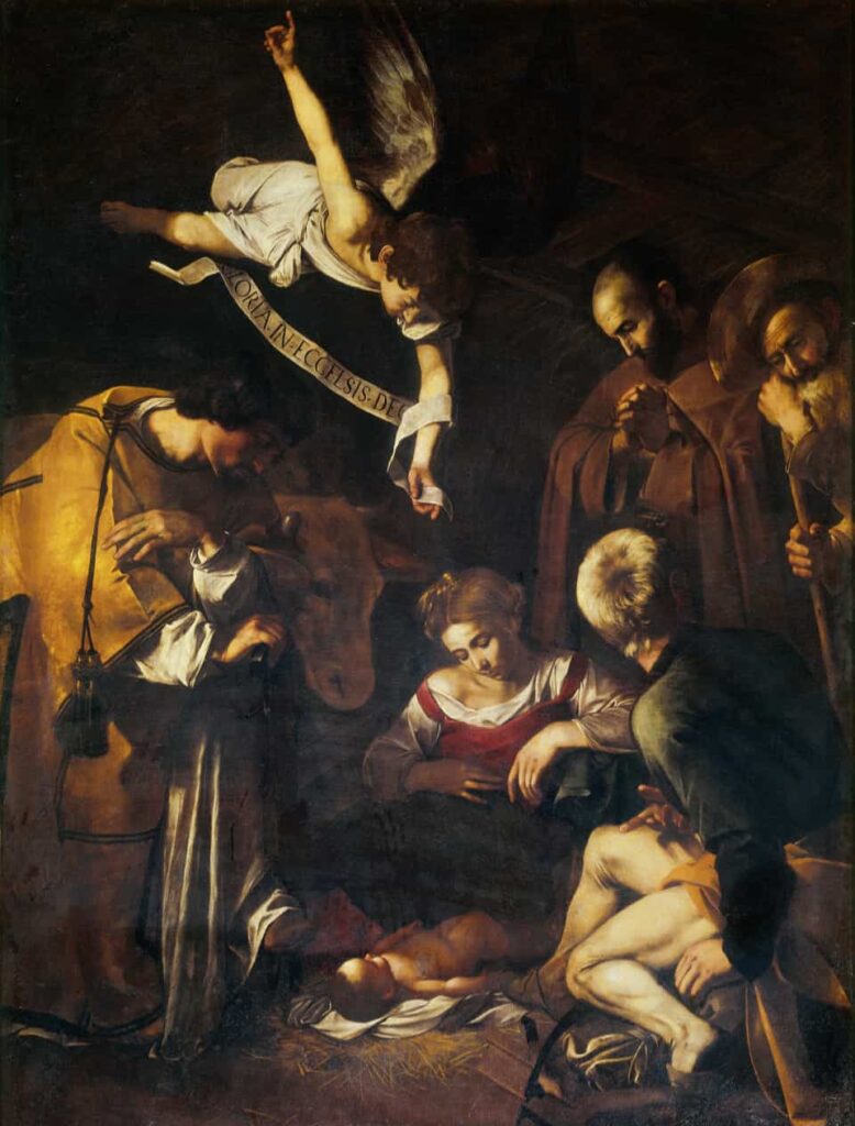 Caravaggio's Nativity with Saints Lorenzo and Francesco, full painting.