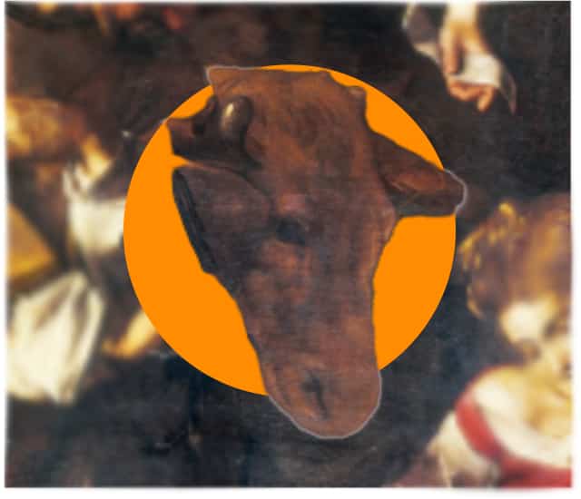 The ox and the donkey in Caravaggio's Nativity with Saints Lorenzo and Francesco