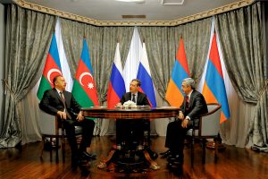 Azerbaijani President Ilham Aliyev, Russian President Dmitry Medvedev, and Armenian President Serzh Sargsyan Convene russia armenia and Azerbaijan