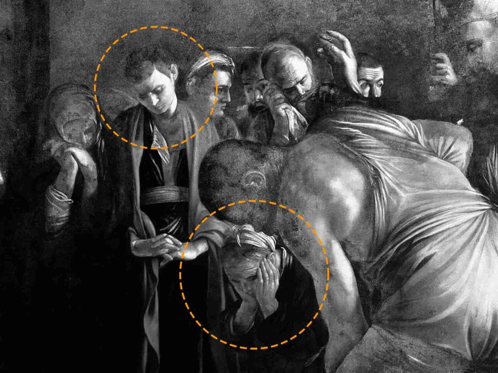 Elderly woman showing authentic emotion next to stoic figures in Caravaggio's painting, similar to another work by the artist.