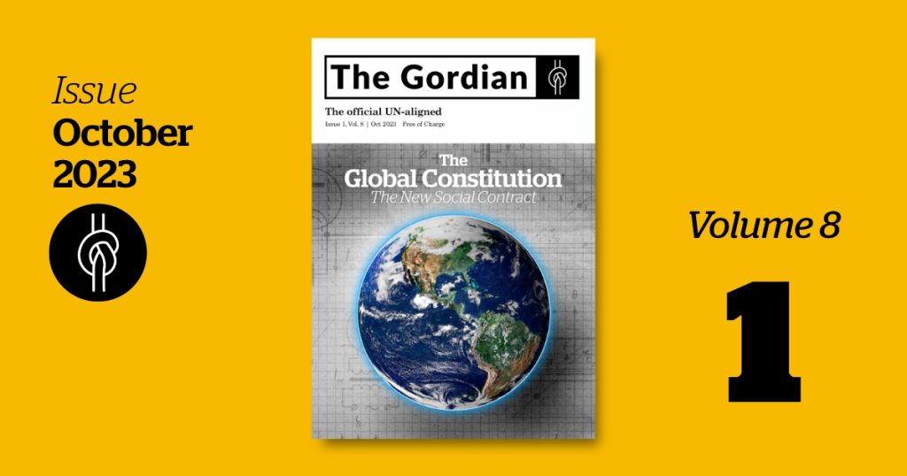 The Gordian Magazine cover reading the global constitution. 