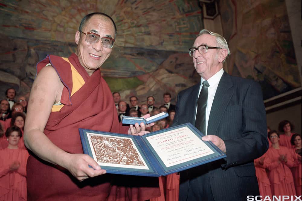 In Oslo, 1989, the Dalai Lama was honoured with the Nobel Peace Prize for his unwavering commitment to peaceful protest against China's occupation of Tibet, embodying the Buddhist tenet of non-violence. 