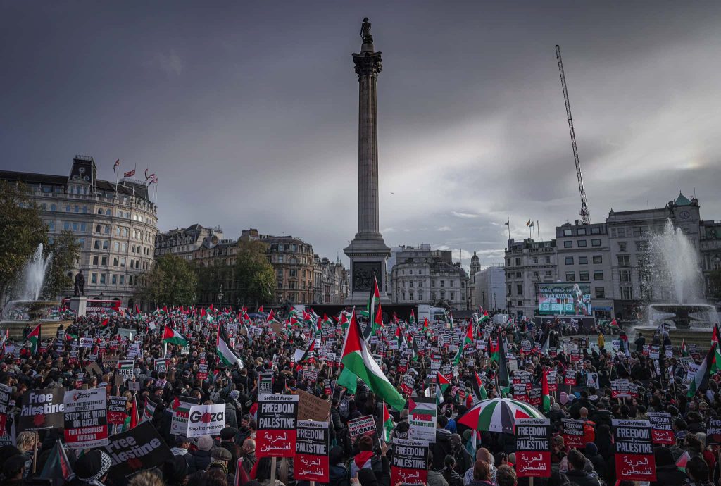 Stop the Massacre protest in London's Trafalgar Square. Photo: Alisdare Hickson/Flickr © CC BY-SA 2.0 DEED