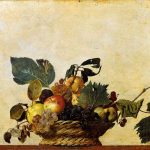 Caravaggio's 'Fruit Basket' (c. 1599) - an oil painting on canvas, 46 cm by 64.5 cm, displayed at the Biblioteca Ambrosiana. Known for its vivid detail, it showcases fruit and leaves in a basket, pioneering the still life genre.